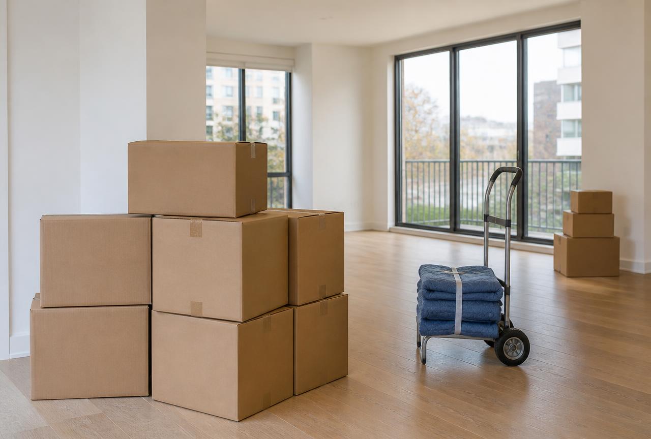 Packed moving boxes and a dolly inside a modern apartment