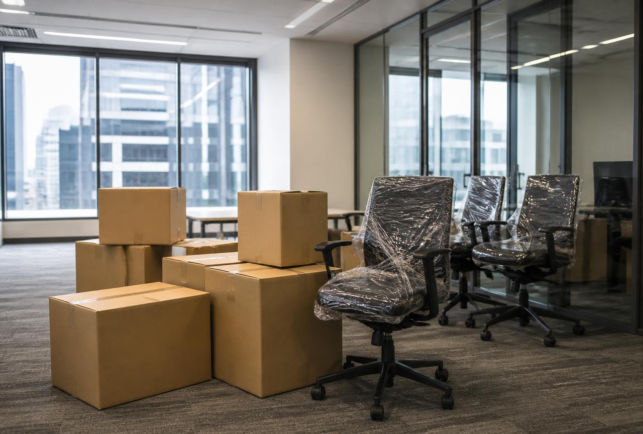 Packed boxes and wrapped office chairs in a modern office